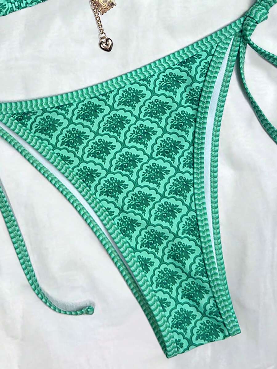 Women's high waist 2-piece triangle bikini set featuring colorblock trim, halter neckline, wireless bra with removable padding, and tie-side bottoms.