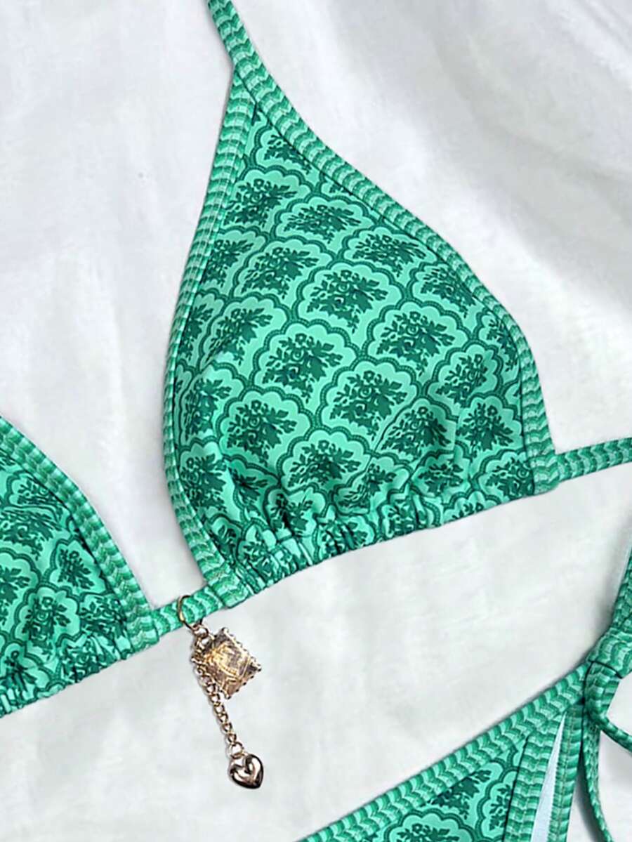 Women's high waist 2-piece triangle bikini set featuring colorblock trim, halter neckline, wireless bra with removable padding, and tie-side bottoms.