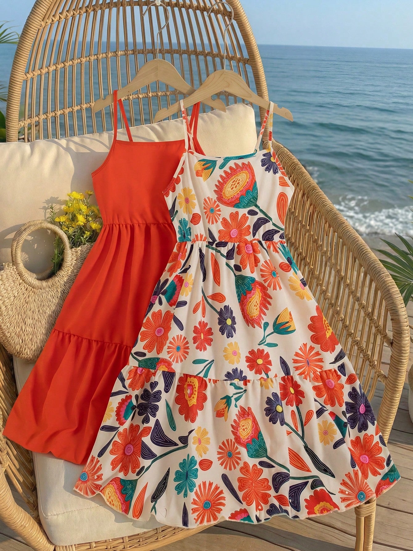 Girls' 2-piece summer sleeveless cami dress set with spaghetti straps, shirred detail, high waist, flounce hem, and multicolor fruit and plant print for vacation or beach matching outfits.