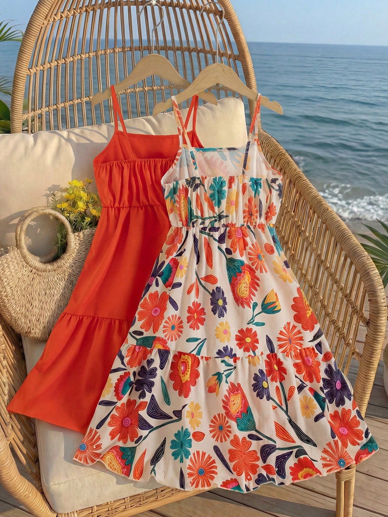 Girls' 2-piece summer sleeveless cami dress set with spaghetti straps, shirred detail, high waist, flounce hem, and multicolor fruit and plant print for vacation or beach matching outfits.
