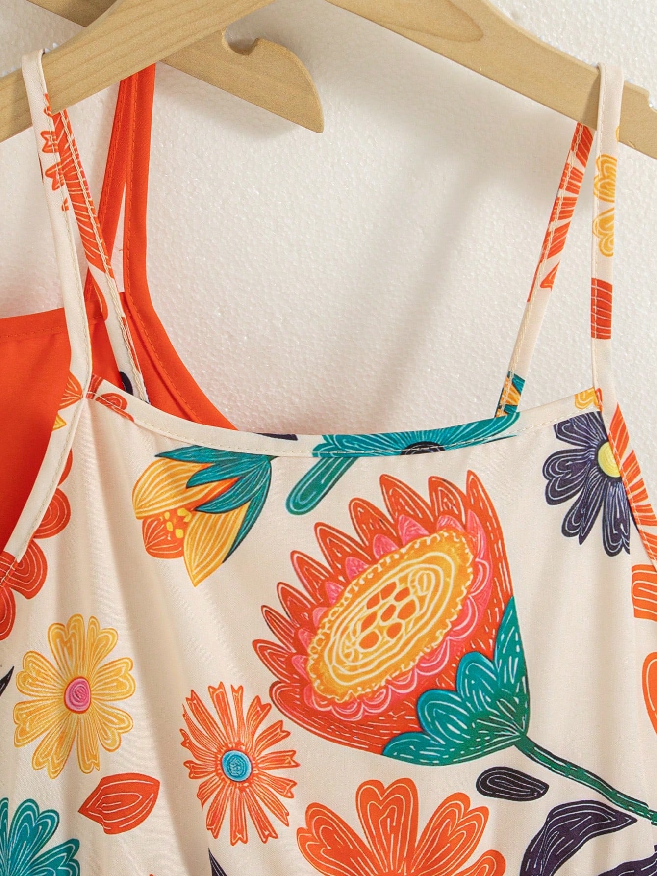 Girls' 2-piece summer sleeveless cami dress set with spaghetti straps, shirred detail, high waist, flounce hem, and multicolor fruit and plant print for vacation or beach matching outfits.