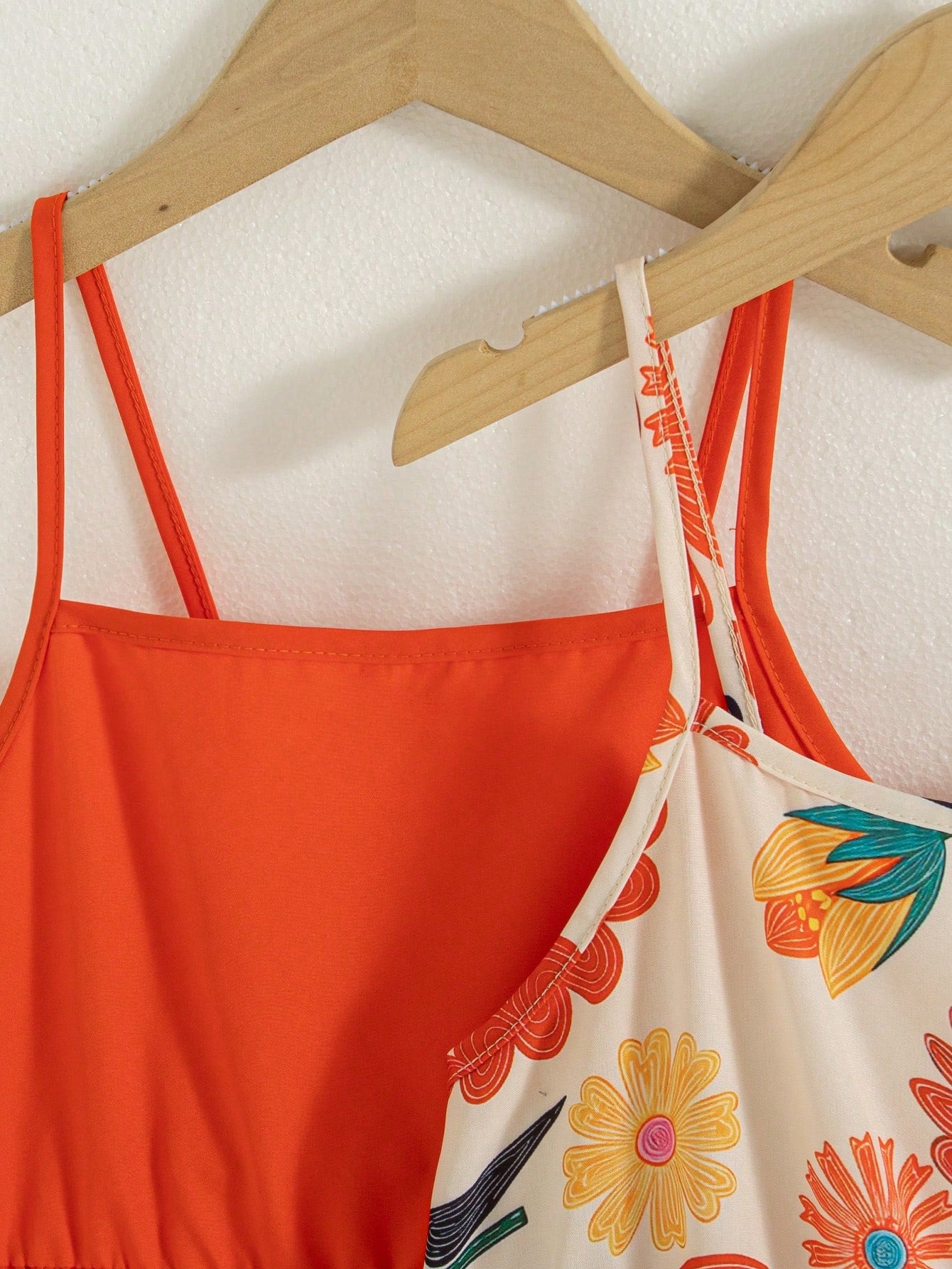 Girls' 2-piece summer sleeveless cami dress set with spaghetti straps, shirred detail, high waist, flounce hem, and multicolor fruit and plant print for vacation or beach matching outfits.
