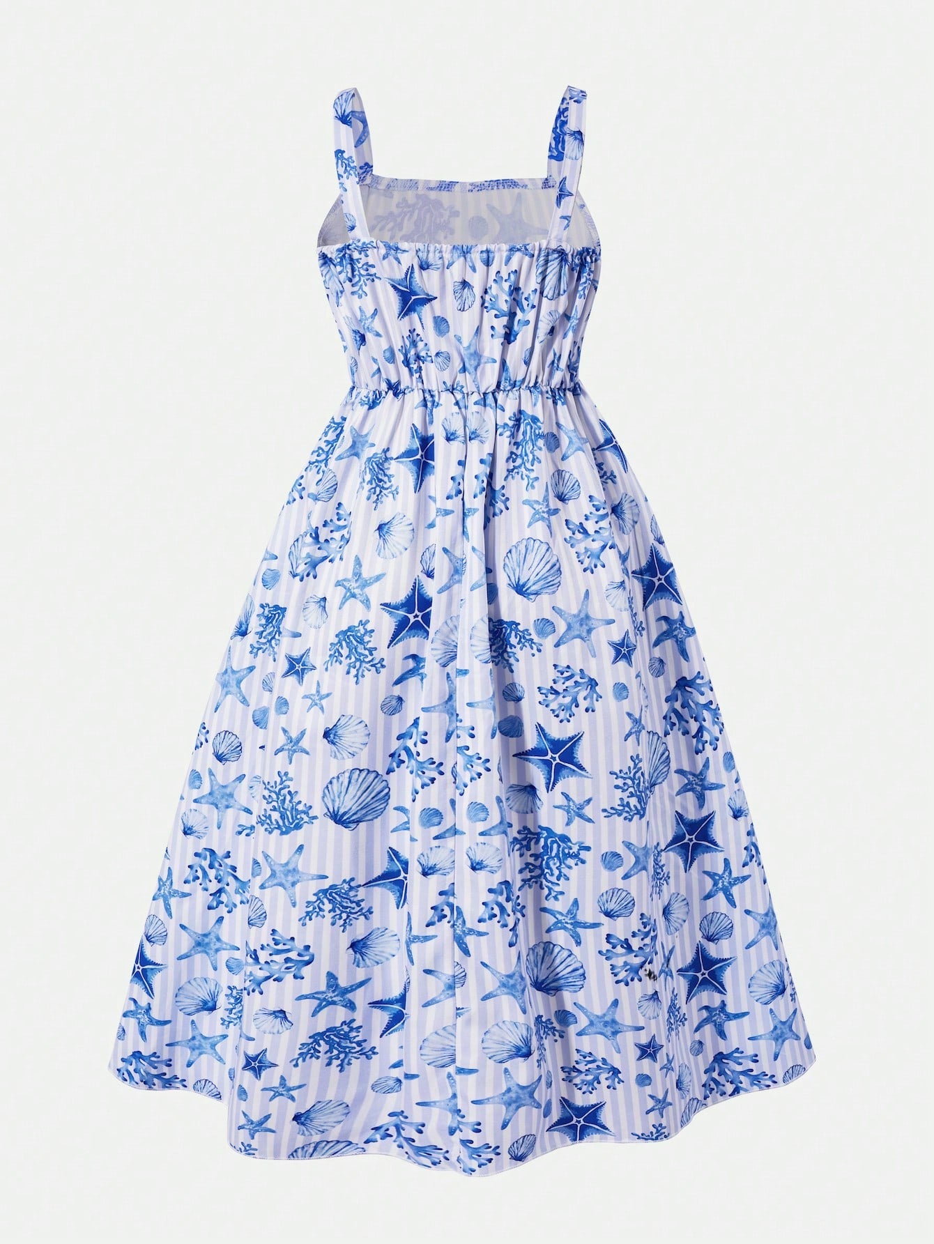 Girls spaghetti strap A-line midi dress with floral and marine-inspired vacation print, lace trim, high waist, and flared hem
