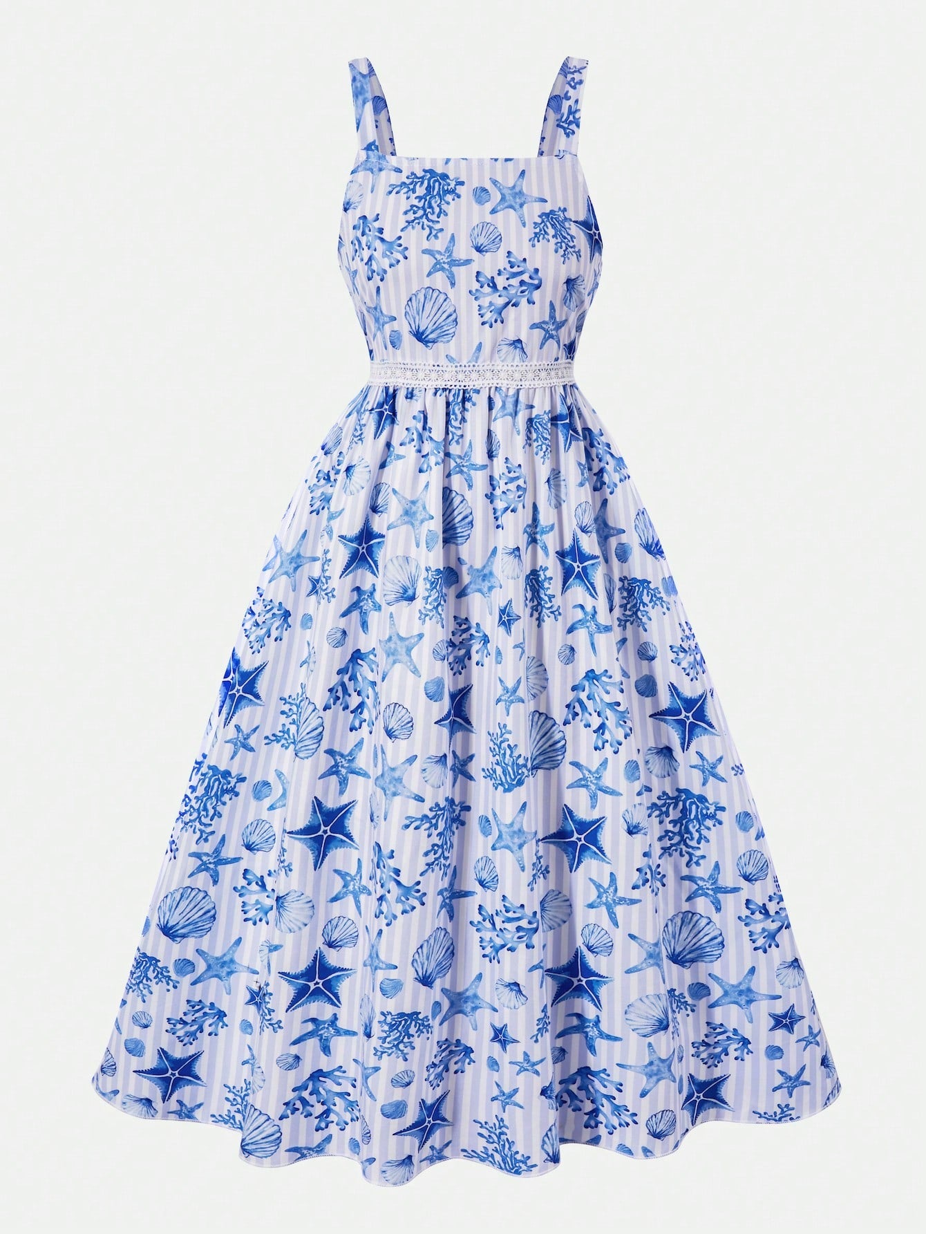 Girls spaghetti strap A-line midi dress with floral and marine-inspired vacation print, lace trim, high waist, and flared hem