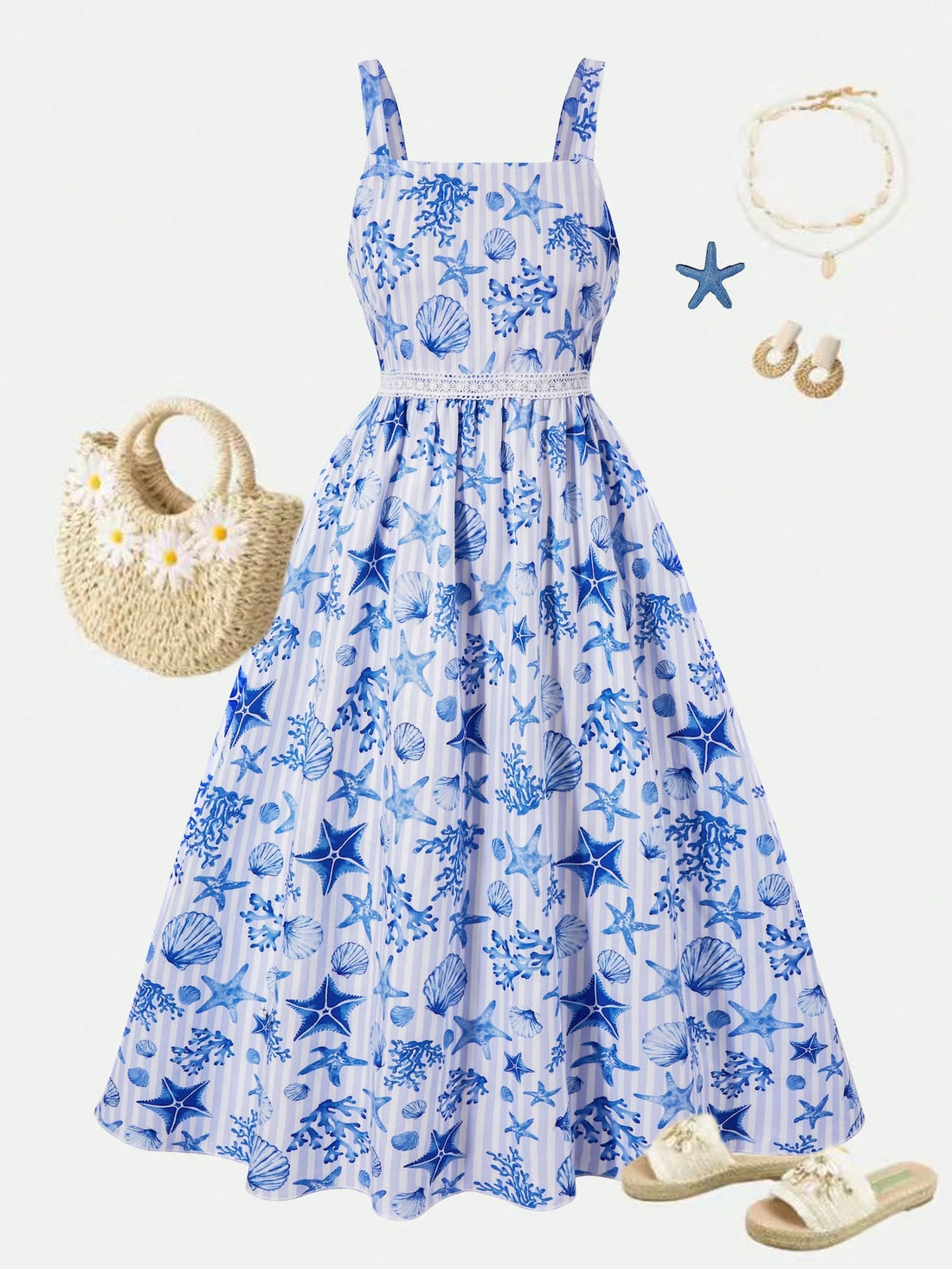 Girls spaghetti strap A-line midi dress with floral and marine-inspired vacation print, lace trim, high waist, and flared hem