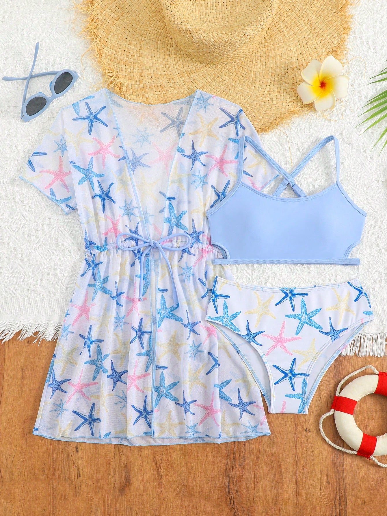 Tween girls 3-piece striped swimwear set featuring a tankini top, mid-waist bikini bottoms with a drawstring waist, and a matching kimono cover-up for beach or vacation wear.