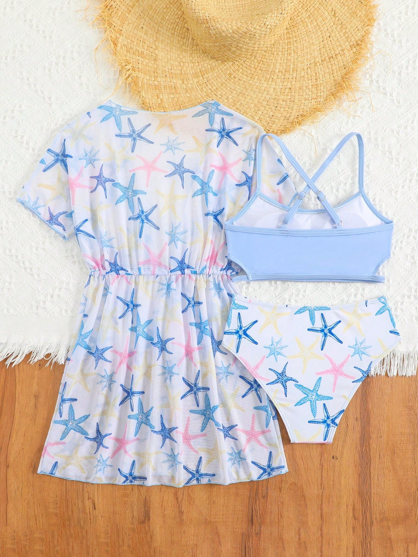 Tween girls 3-piece striped swimwear set featuring a tankini top, mid-waist bikini bottoms with a drawstring waist, and a matching kimono cover-up for beach or vacation wear.