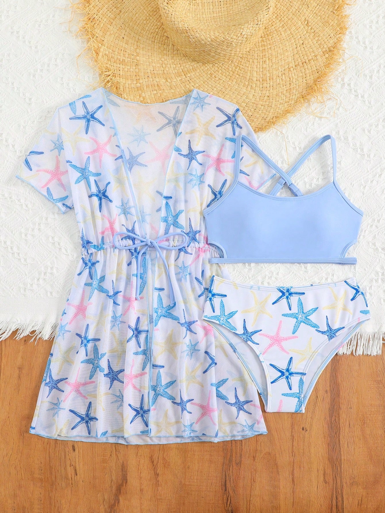Tween girls 3-piece striped swimwear set featuring a tankini top, mid-waist bikini bottoms with a drawstring waist, and a matching kimono cover-up for beach or vacation wear.