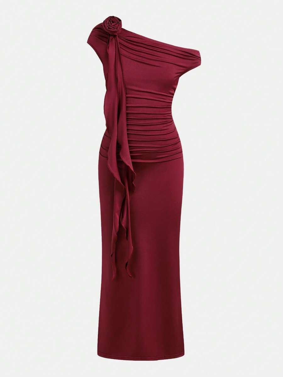 Tween girl wearing an elegant burgundy asymmetric bodycon long dress featuring 3D floral decoration, split pencil hem, and short sleeves.
