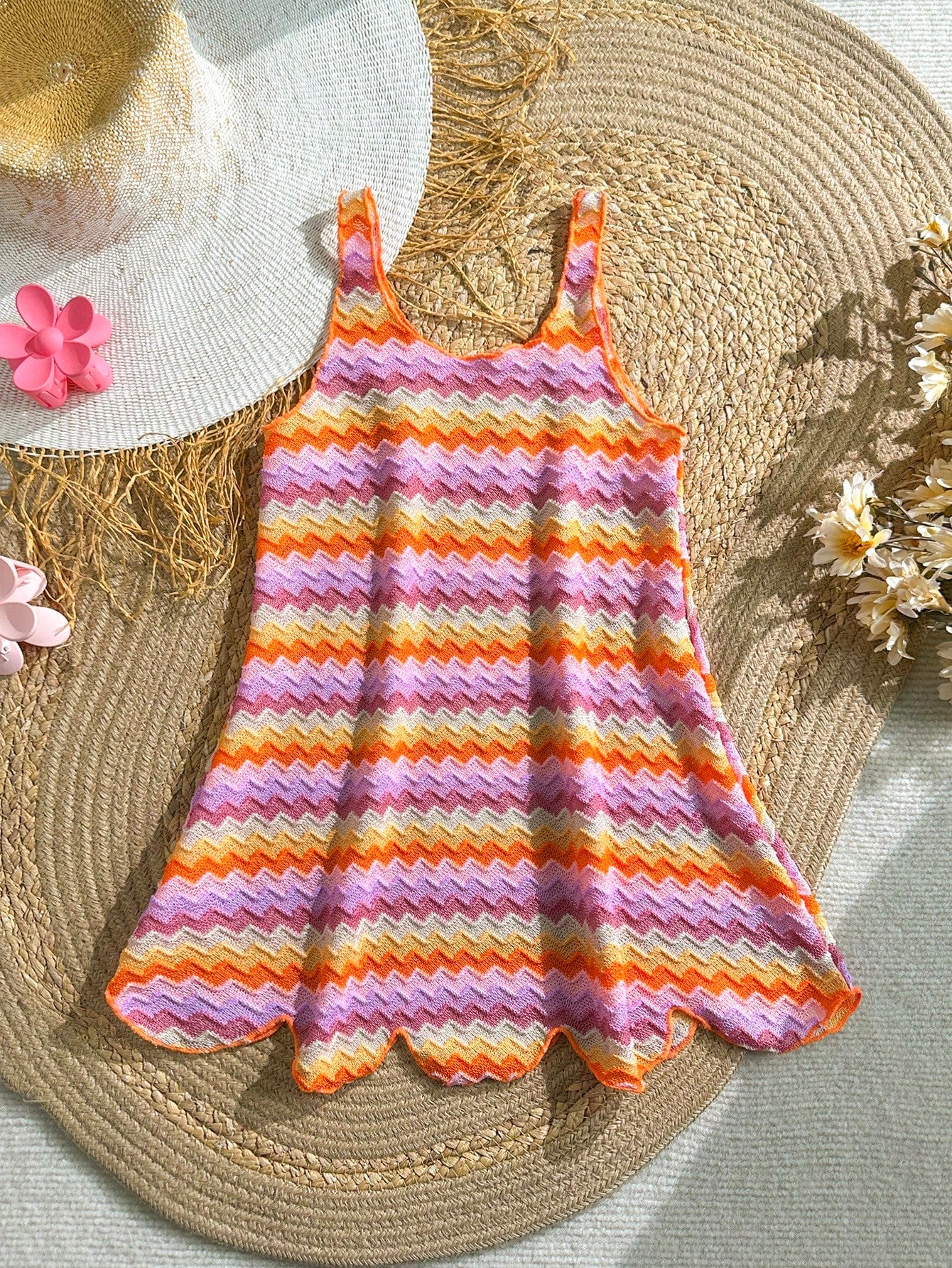 Multicolor hollow out geometric sleeveless swimwear cover-up for girls featuring scoop neck design.