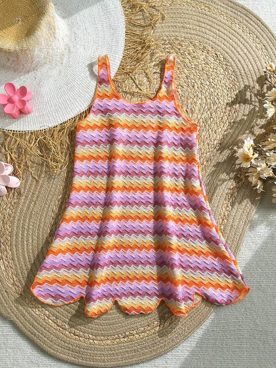 Multicolor hollow out geometric sleeveless swimwear cover-up for girls featuring scoop neck design.
