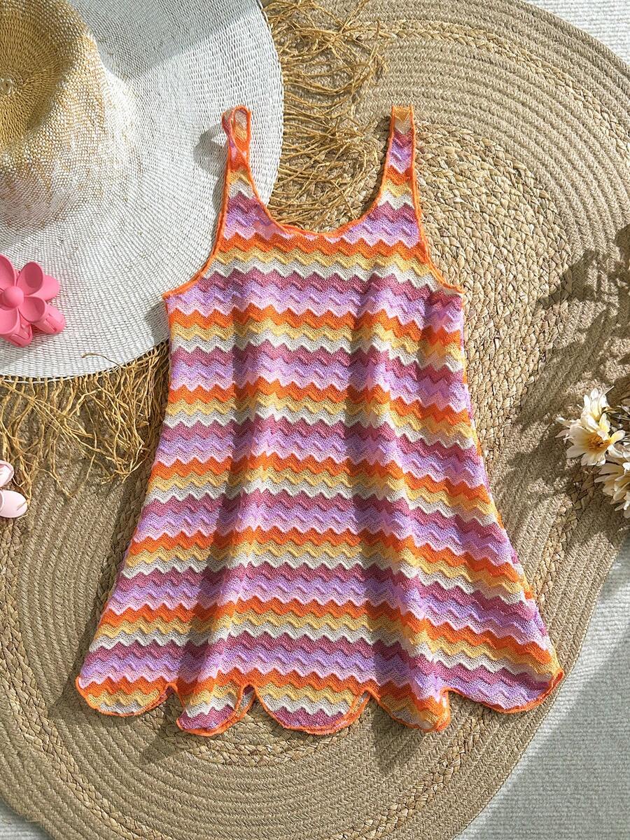 Multicolor hollow out geometric sleeveless swimwear cover-up for girls featuring scoop neck design.