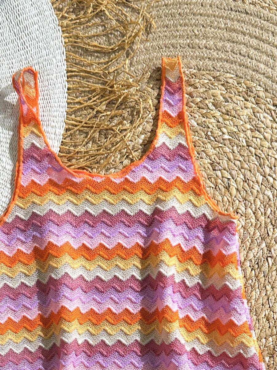 Multicolor hollow out geometric sleeveless swimwear cover-up for girls featuring scoop neck design.