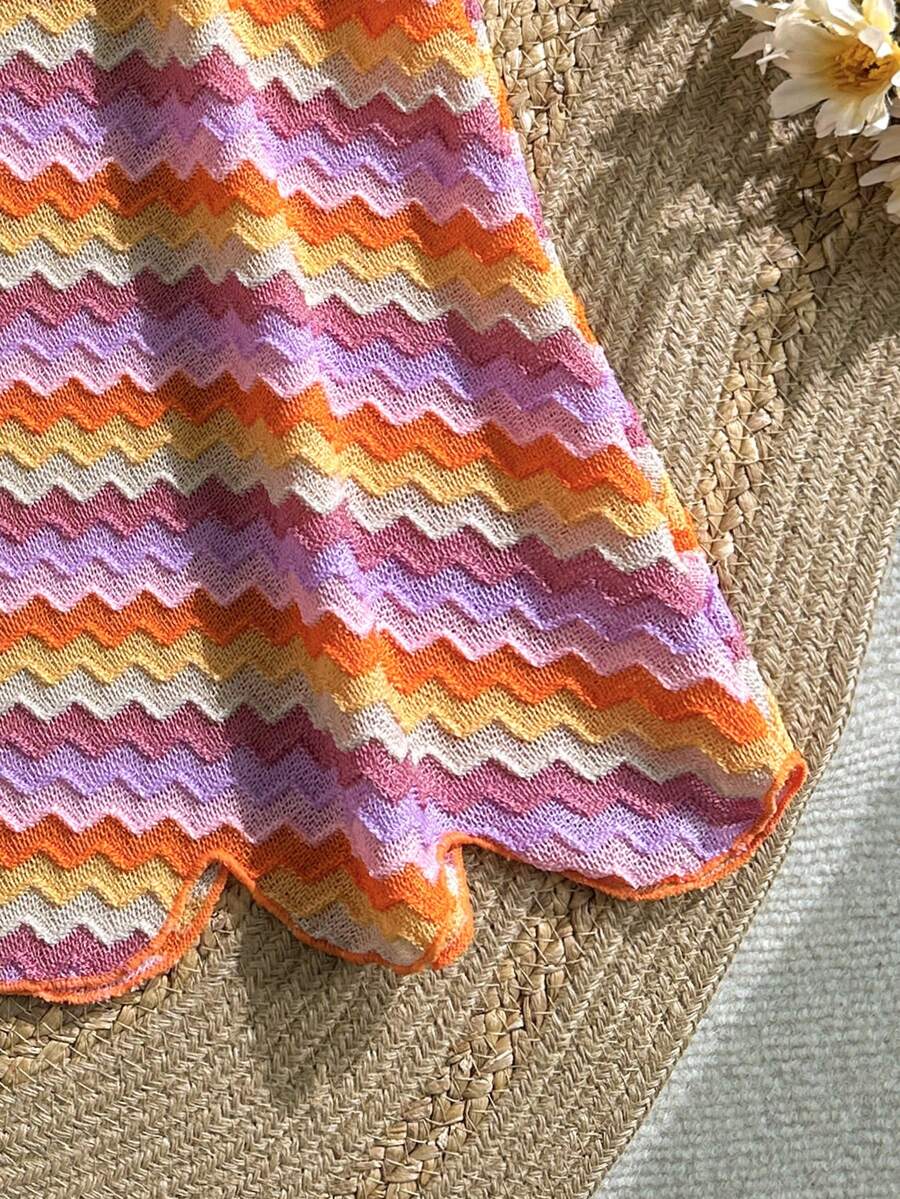 Multicolor hollow out geometric sleeveless swimwear cover-up for girls featuring scoop neck design.