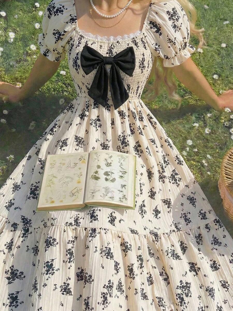 ChillGRL square neck short puff sleeve A-line long dress for teen girls featuring shirred high waist detailing and a flounce hem.