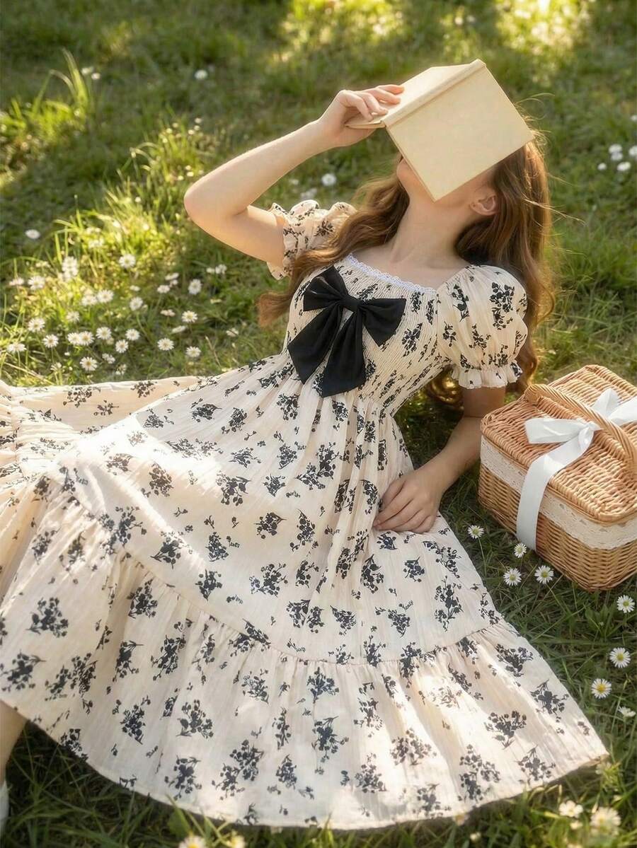 ChillGRL square neck short puff sleeve A-line long dress for teen girls featuring shirred high waist detailing and a flounce hem.