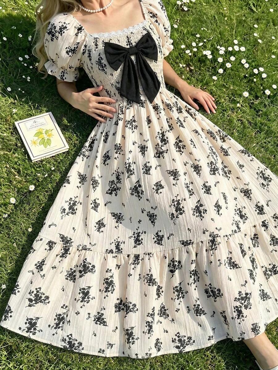 ChillGRL square neck short puff sleeve A-line long dress for teen girls featuring shirred high waist detailing and a flounce hem.