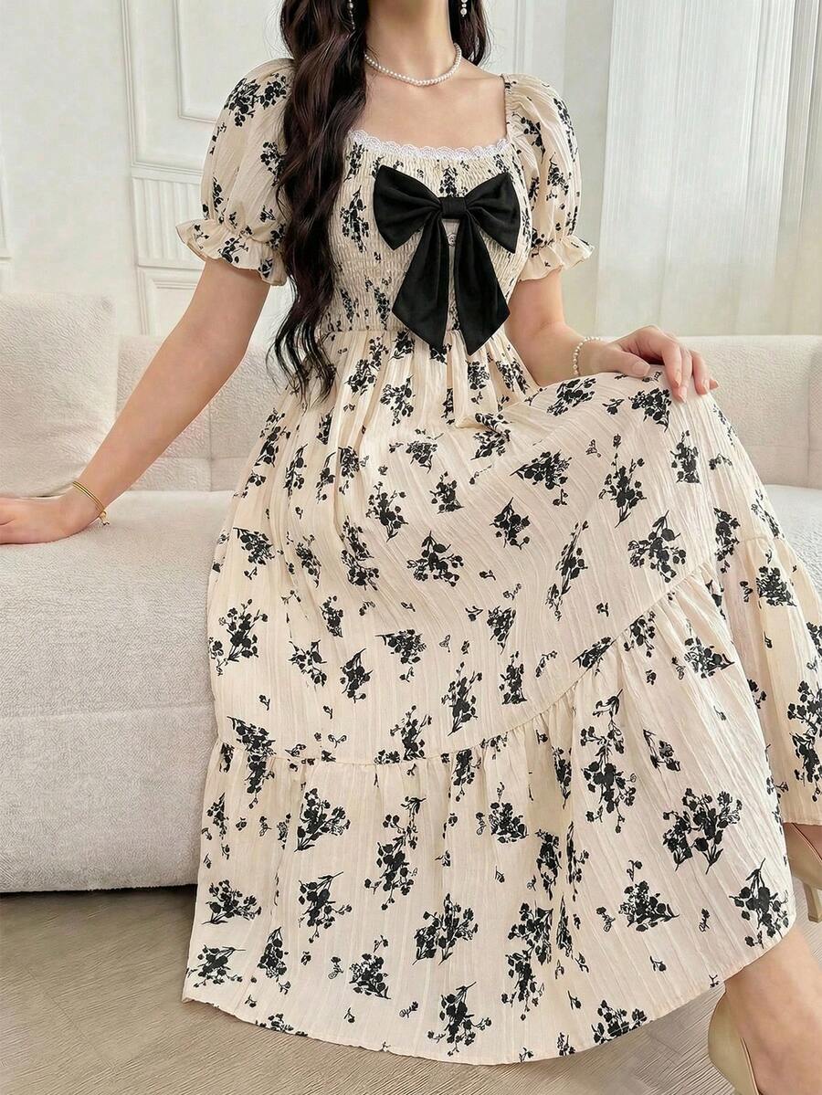 ChillGRL square neck short puff sleeve A-line long dress for teen girls featuring shirred high waist detailing and a flounce hem.