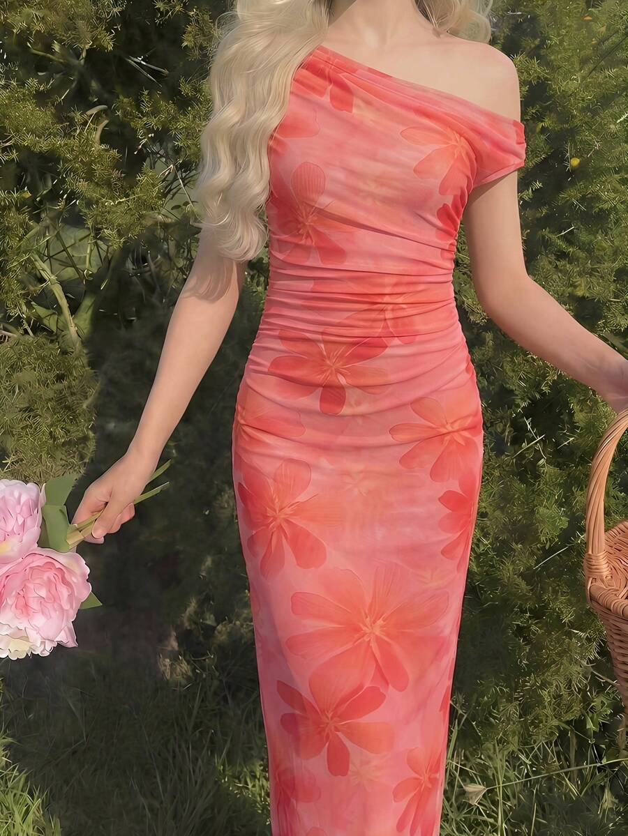 Tween girl wearing an elegant burgundy asymmetric bodycon long dress featuring 3D floral decoration, split pencil hem, and short sleeves.