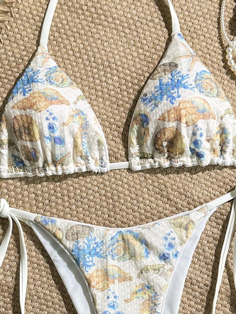 Women's sequin textured halter triangle bikini top and high-waist side tie bikini bottom swimsuit set