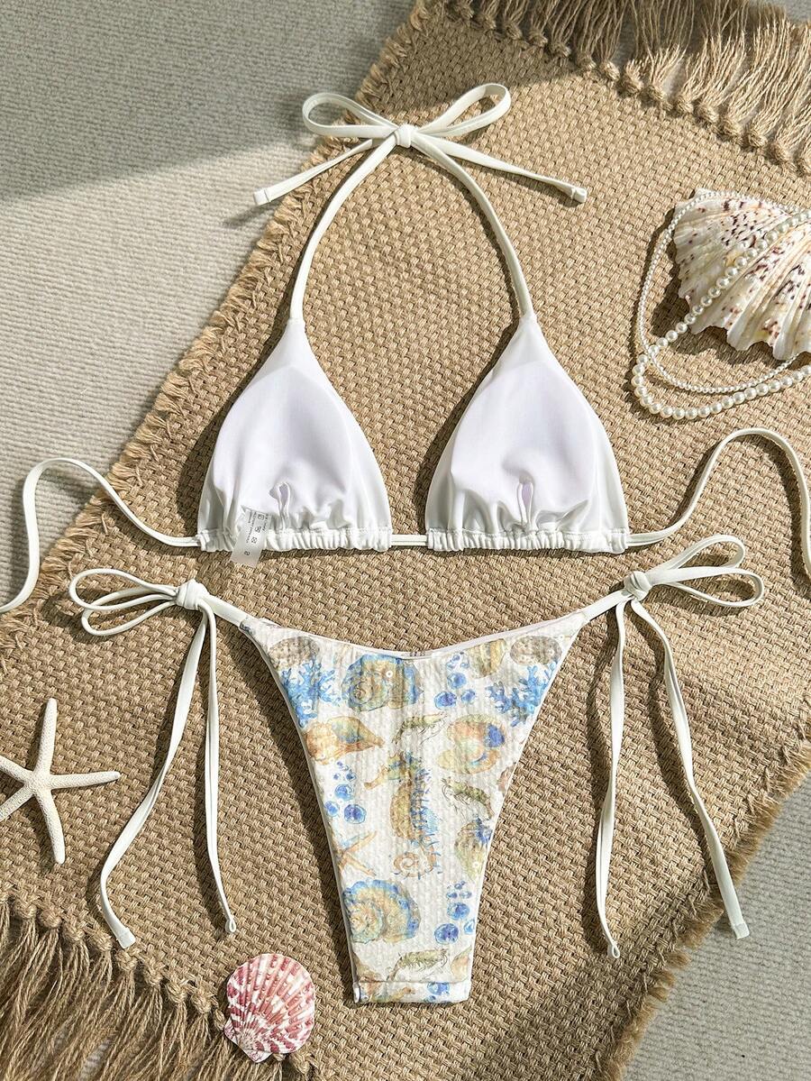 Women's sequin textured halter triangle bikini top and high-waist side tie bikini bottom swimsuit set