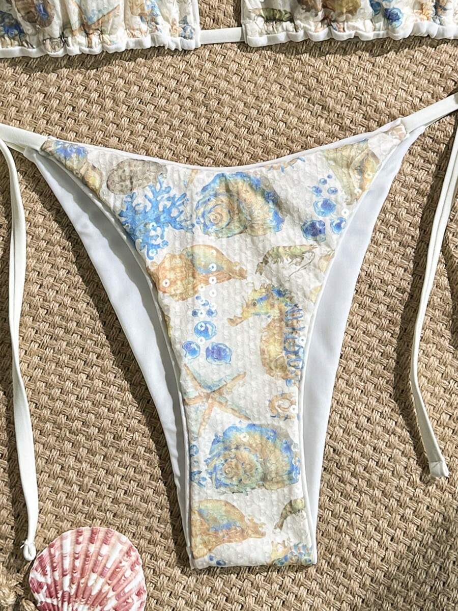 Women's sequin textured halter triangle bikini top and high-waist side tie bikini bottom swimsuit set