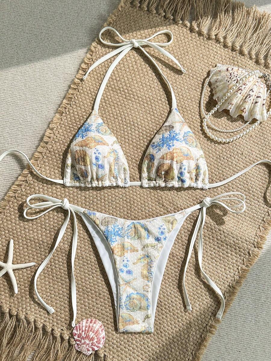 Women's sequin textured halter triangle bikini top and high-waist side tie bikini bottom swimsuit set