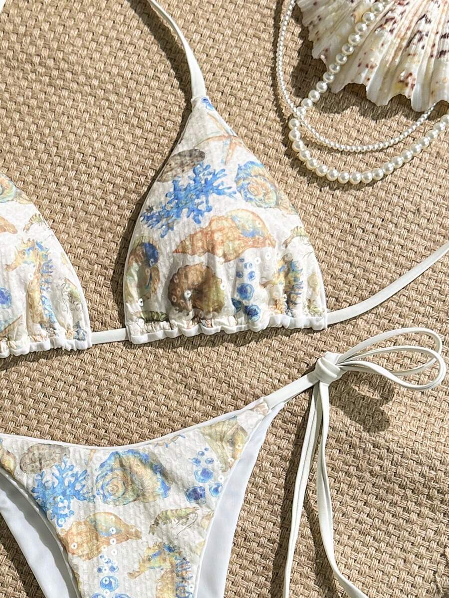 Women's sequin textured halter triangle bikini top and high-waist side tie bikini bottom swimsuit set
