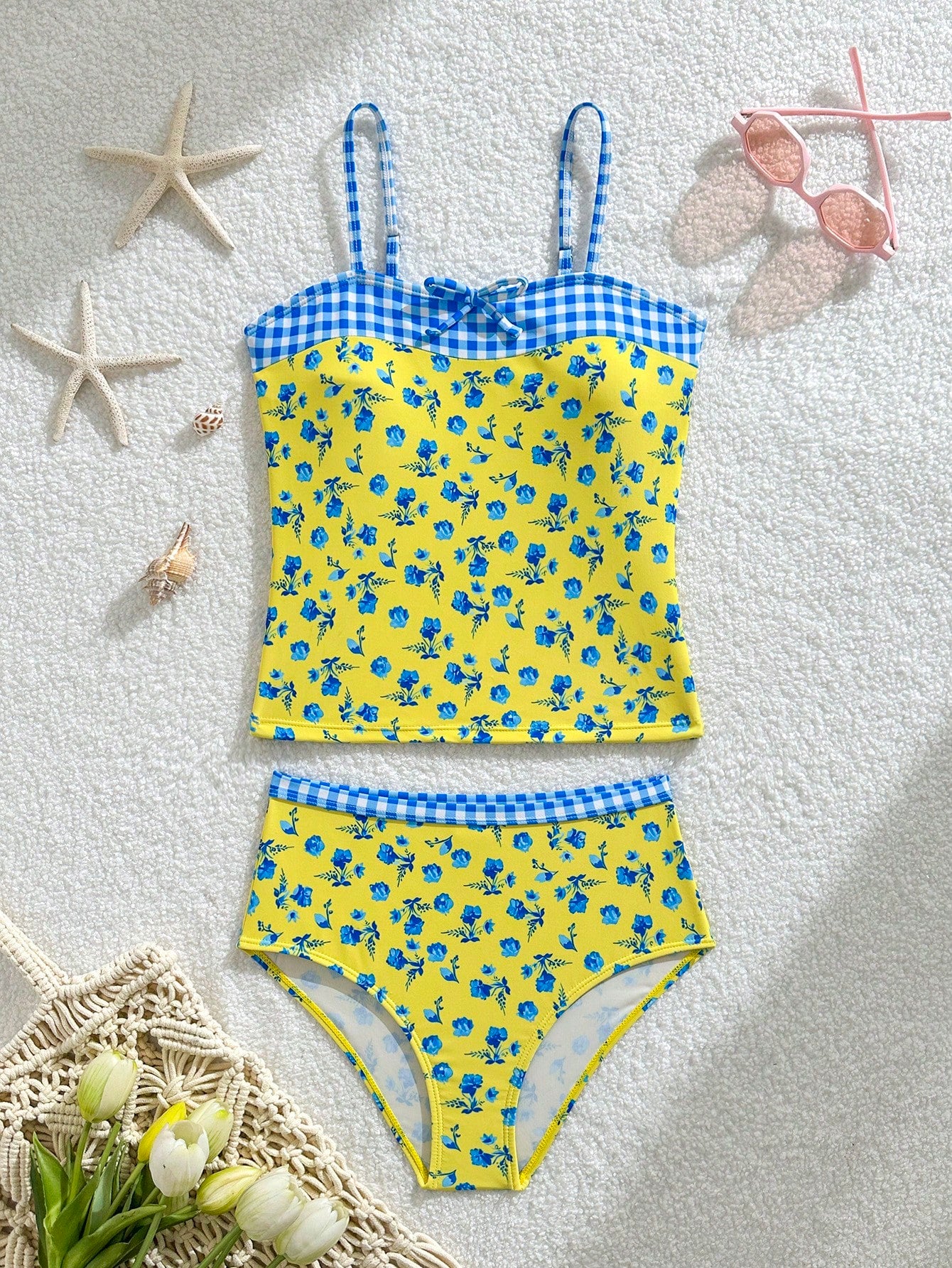 Tween girls 2-piece bikini swimwear set in black with a wave-pattern geometric design, featuring halter neckline, wireless top, and high-waist short bottoms with starfish and shell decor.