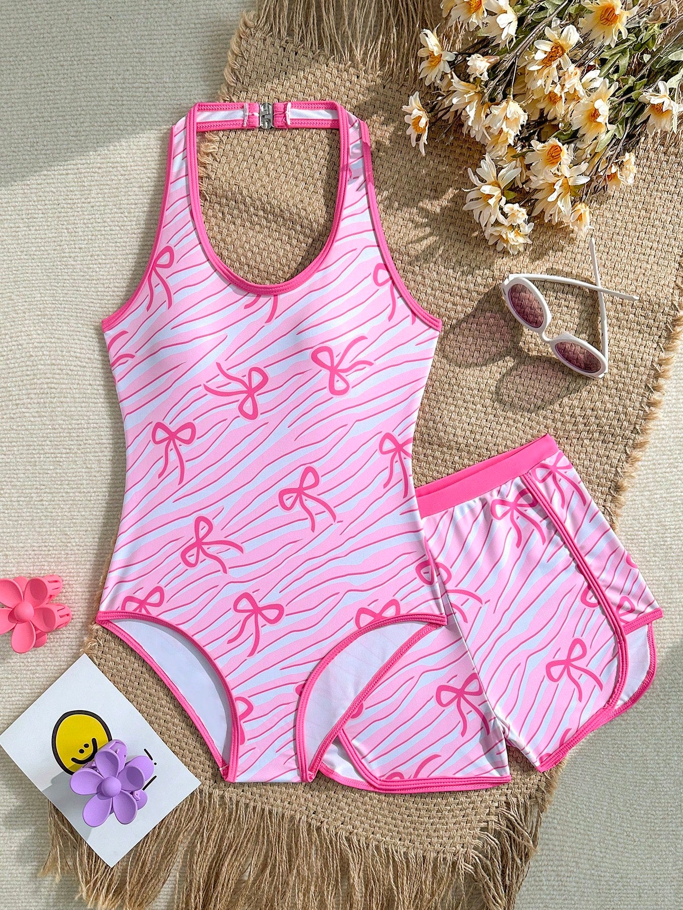 Girls 2-piece swimwear set featuring a butterfly print halter swimsuit top with contrast piping and separate mid-waist shorts; sleeveless, high-stretch, wireless design for beach and vacation wear.