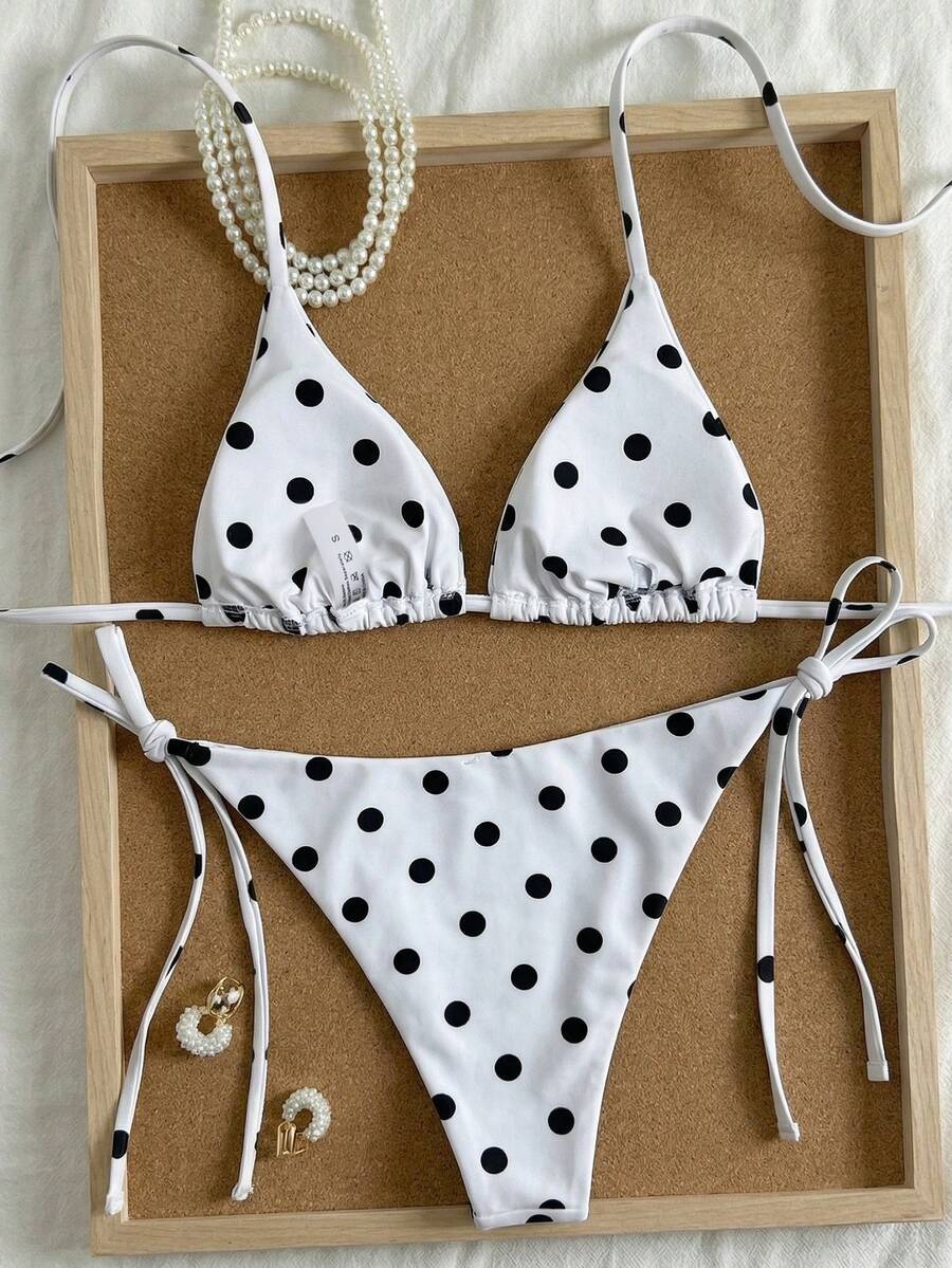 Women's high waist 2-piece triangle bikini set featuring colorblock trim, halter neckline, wireless bra with removable padding, and tie-side bottoms.