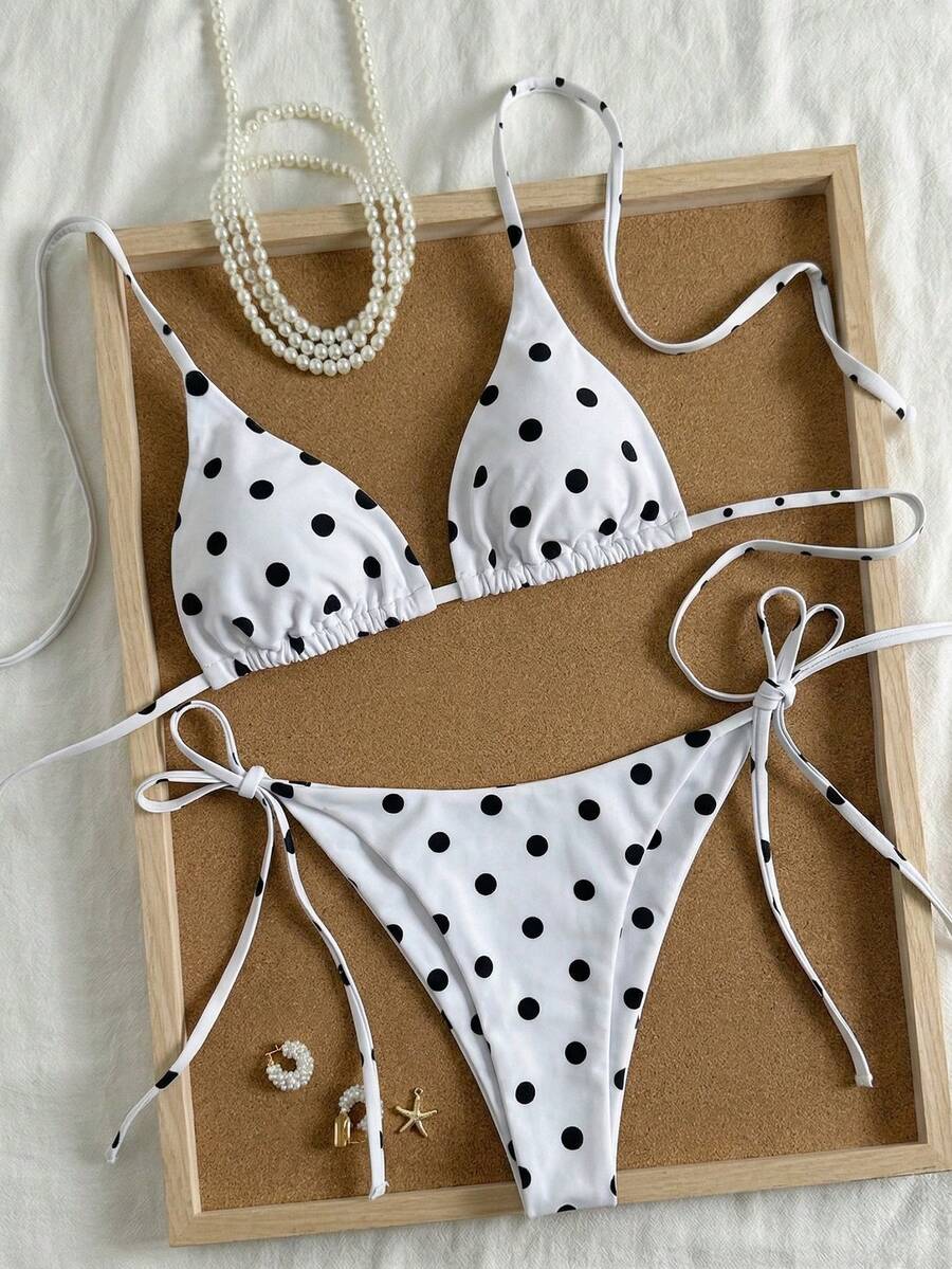 Women's high waist 2-piece triangle bikini set featuring colorblock trim, halter neckline, wireless bra with removable padding, and tie-side bottoms.