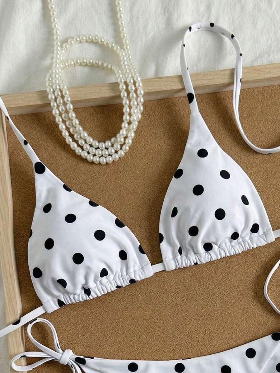 Women's high waist 2-piece triangle bikini set featuring colorblock trim, halter neckline, wireless bra with removable padding, and tie-side bottoms.