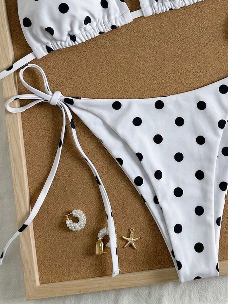 Women's high waist 2-piece triangle bikini set featuring colorblock trim, halter neckline, wireless bra with removable padding, and tie-side bottoms.