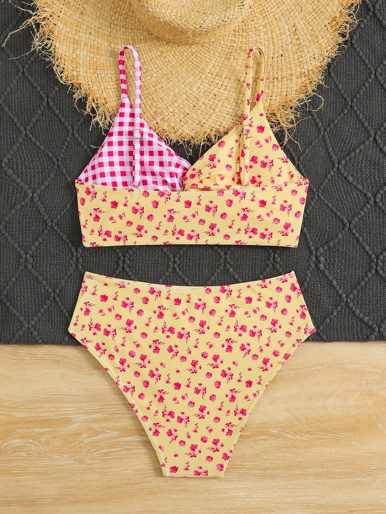 Tween girls 2-piece ditsy floral bikini set featuring a spaghetti strap top with center string detail and matching bottoms with side strings, designed for swimming, vacation, and summer wear.