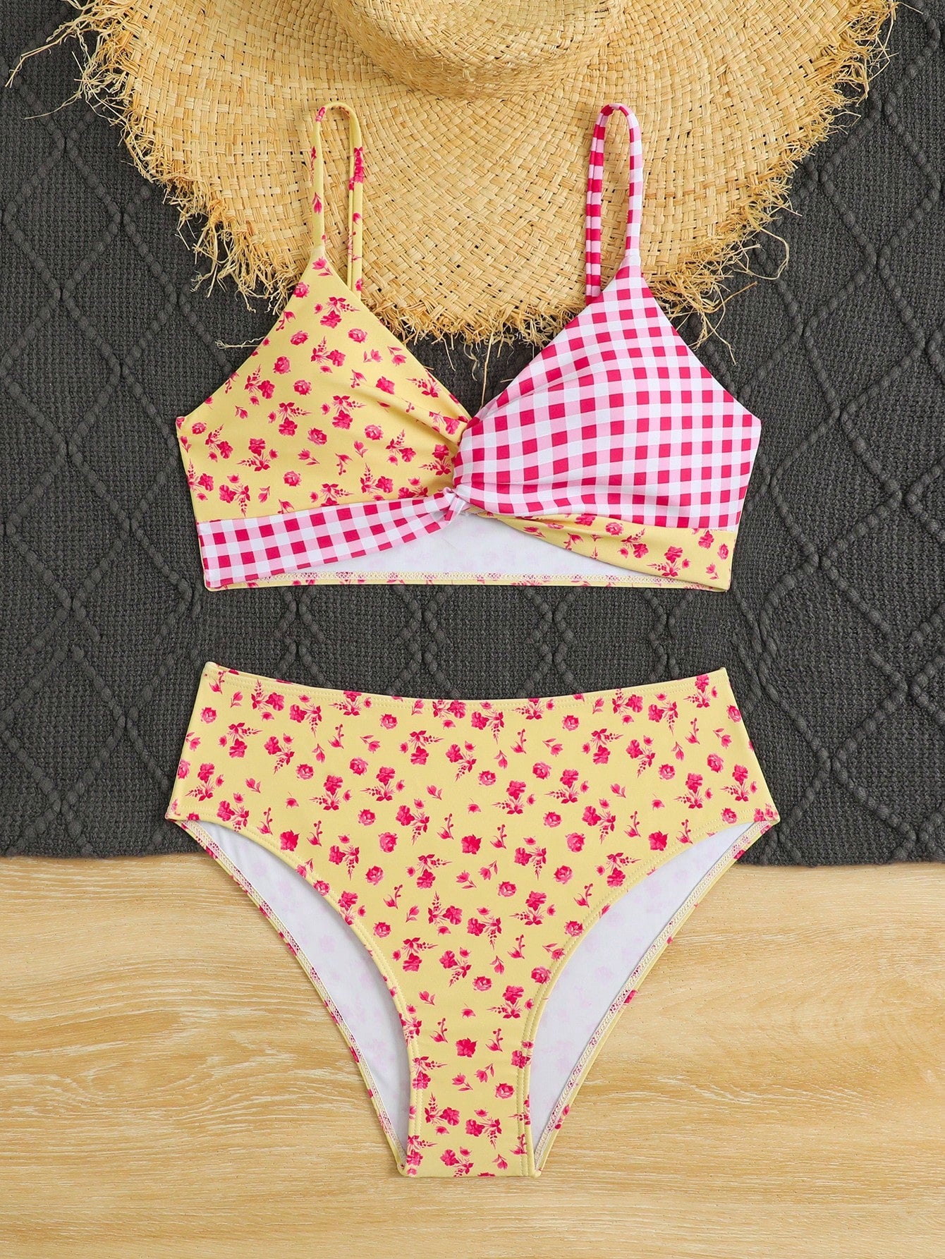 Tween girls 2-piece ditsy floral bikini set featuring a spaghetti strap top with center string detail and matching bottoms with side strings, designed for swimming, vacation, and summer wear.