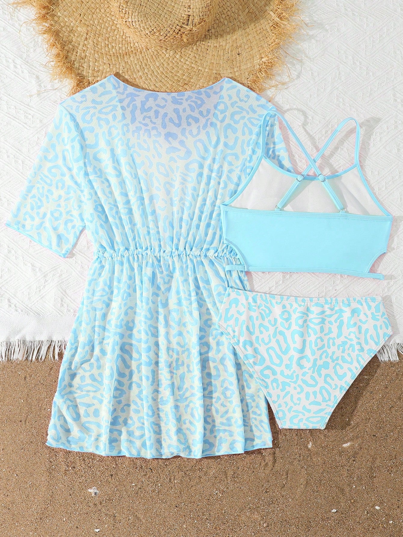 Tween girls 3-piece striped swimwear set featuring a tankini top, mid-waist bikini bottoms with a drawstring waist, and a matching kimono cover-up for beach or vacation wear.