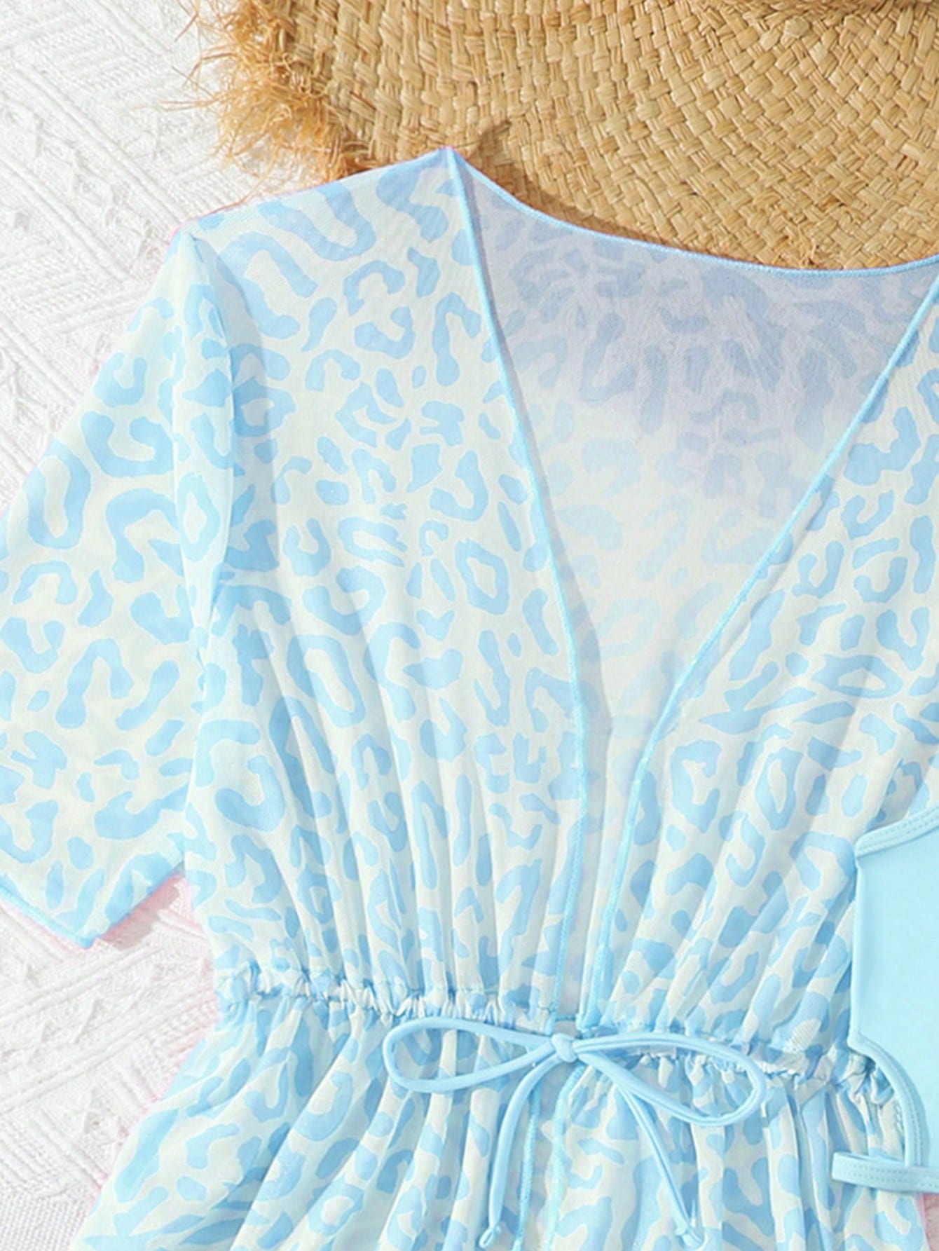 Tween girls 3-piece striped swimwear set featuring a tankini top, mid-waist bikini bottoms with a drawstring waist, and a matching kimono cover-up for beach or vacation wear.