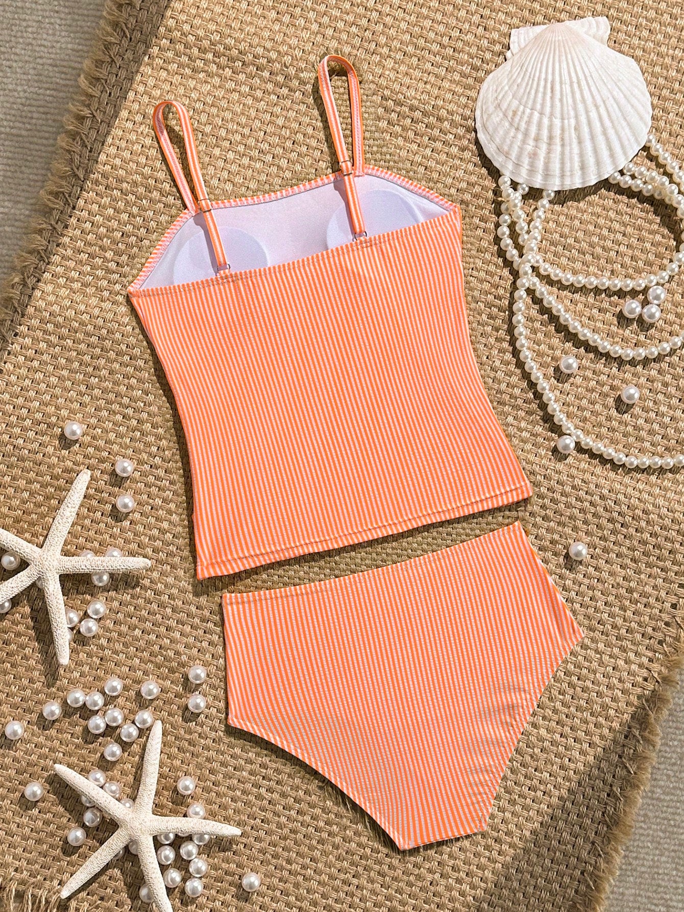 Tween Girl Striped Two Pieces Tankini Swimwear,Cute Orange And White Textured Ruched Design Cami Bathing Suit,Summer Beach Holiday Vacation Swimwear