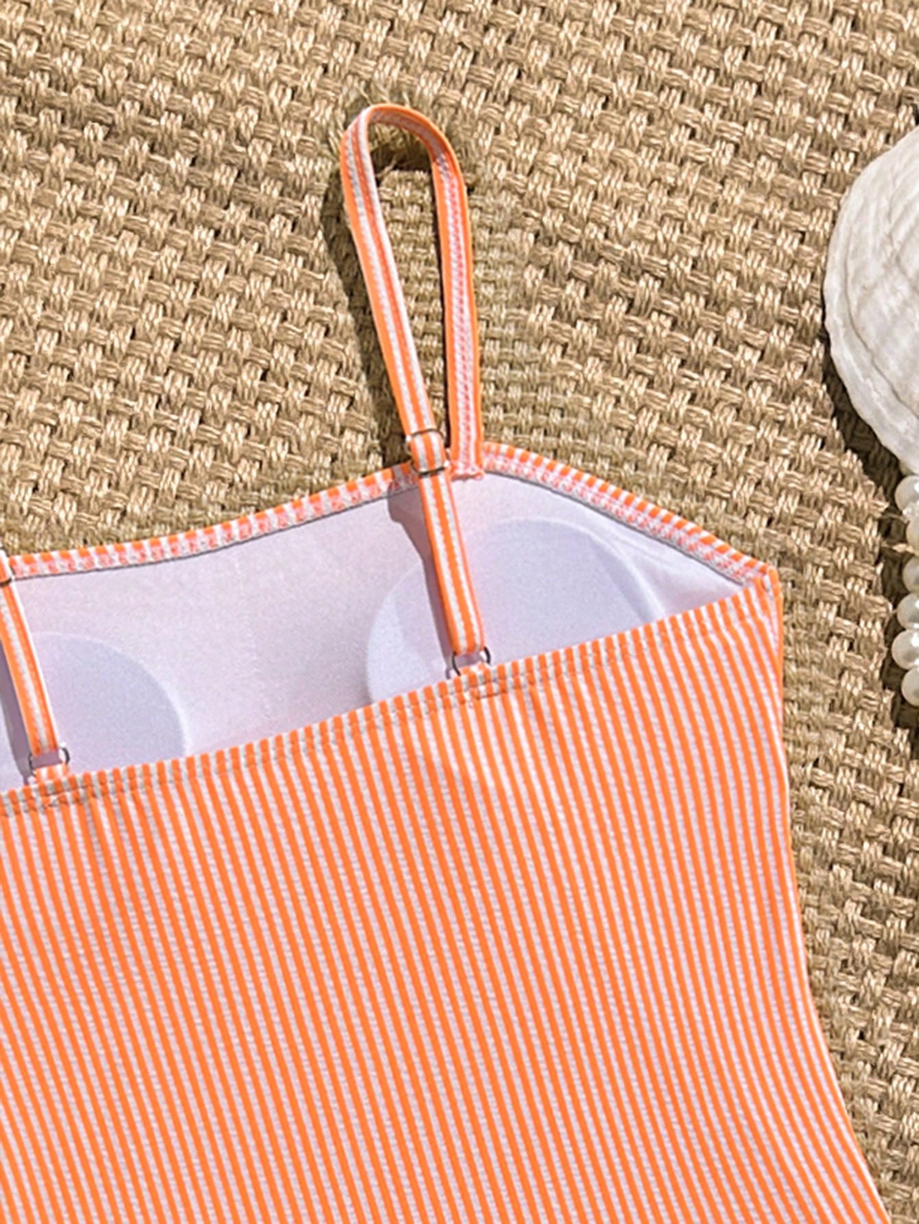 Tween Girl Striped Two Pieces Tankini Swimwear,Cute Orange And White Textured Ruched Design Cami Bathing Suit,Summer Beach Holiday Vacation Swimwear