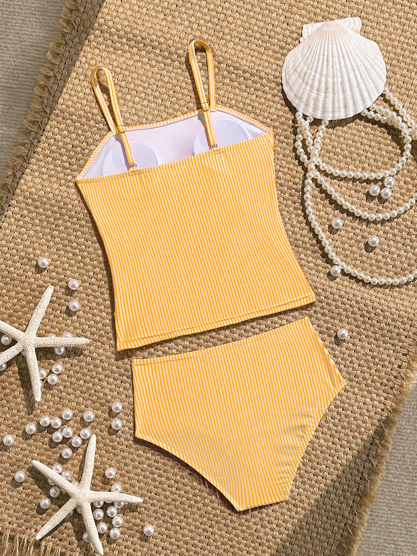 Tween Girl Striped Two Pieces Tankini Swimwear,Cute Orange And White Textured Ruched Design Cami Bathing Suit,Summer Beach Holiday Vacation Swimwear
