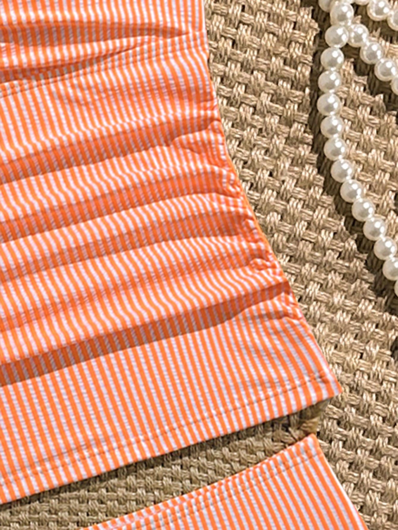 Tween Girl Striped Two Pieces Tankini Swimwear,Cute Orange And White Textured Ruched Design Cami Bathing Suit,Summer Beach Holiday Vacation Swimwear