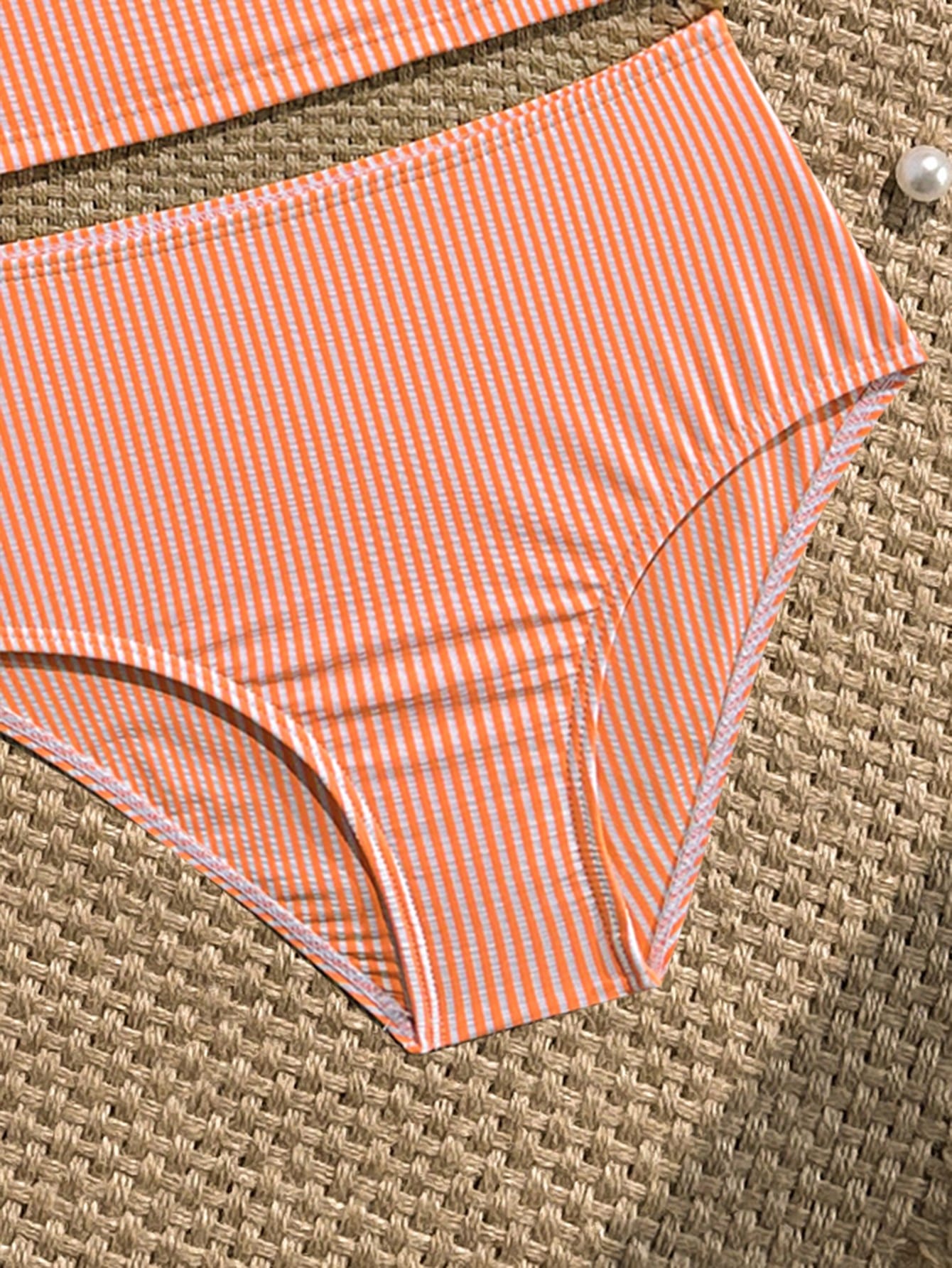 Tween Girl Striped Two Pieces Tankini Swimwear,Cute Orange And White Textured Ruched Design Cami Bathing Suit,Summer Beach Holiday Vacation Swimwear