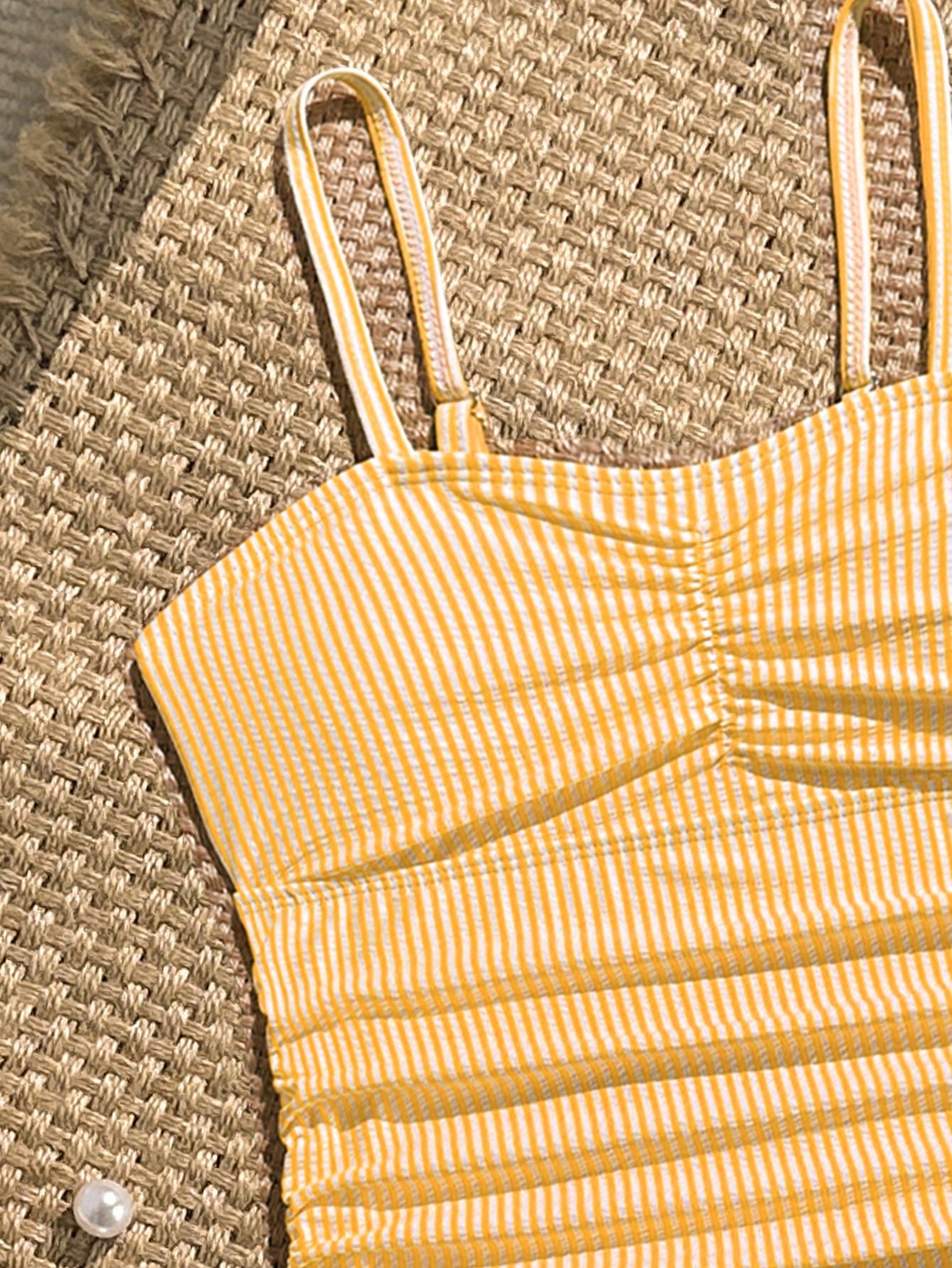 Tween Girl Striped Two Pieces Tankini Swimwear,Cute Orange And White Textured Ruched Design Cami Bathing Suit,Summer Beach Holiday Vacation Swimwear