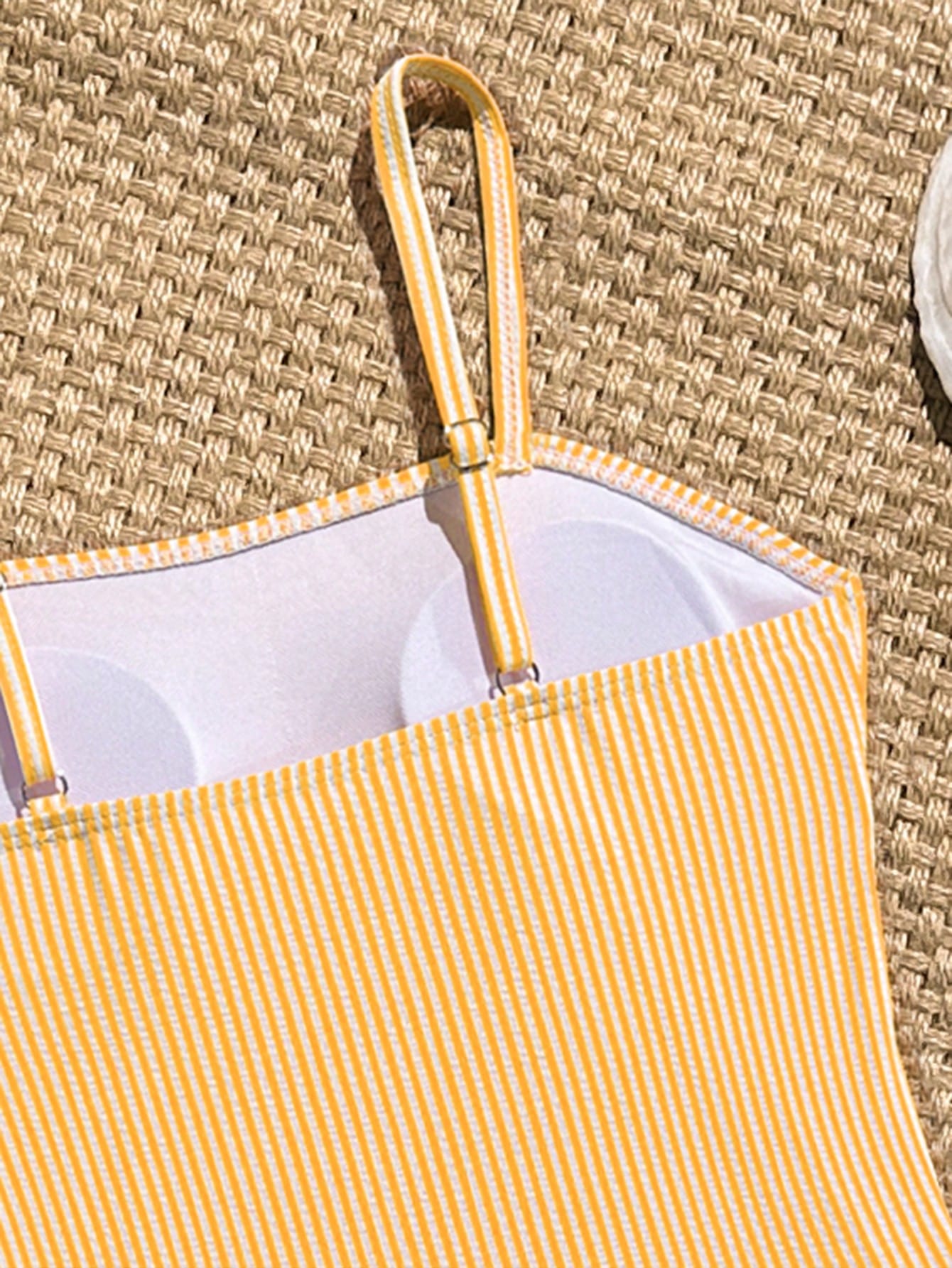 Tween Girl Striped Two Pieces Tankini Swimwear,Cute Orange And White Textured Ruched Design Cami Bathing Suit,Summer Beach Holiday Vacation Swimwear