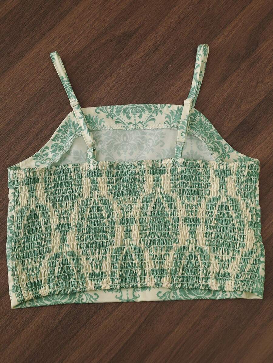 Tween girls casual 2-piece set featuring an apricot woven camisole crop top with back shirring and matching high-waisted loose long pants.
