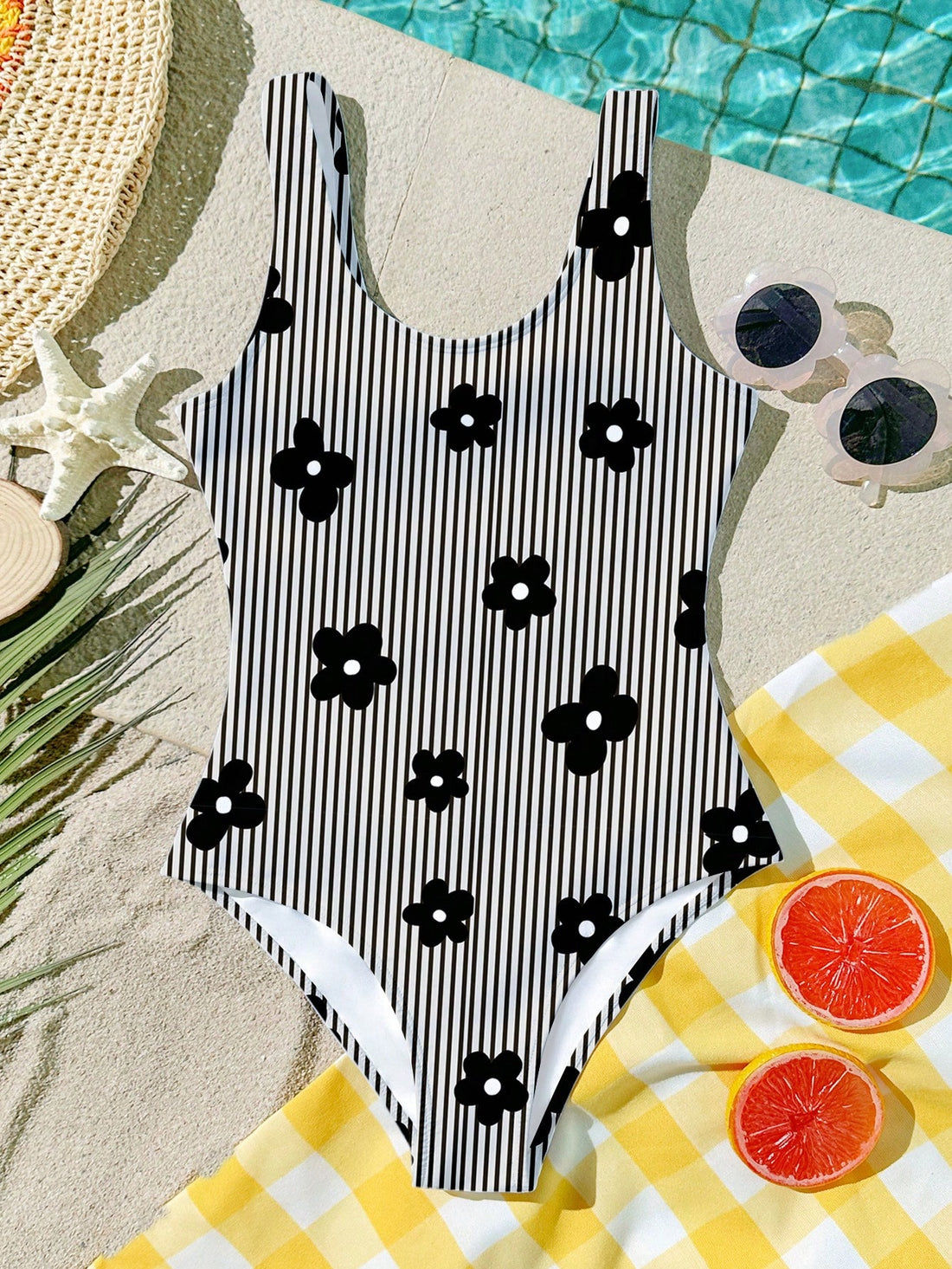 Multicolor tween girls one-piece swimsuit with all-over print, scoop neck, fitted camisole style, and lined body for summer beach vacations.