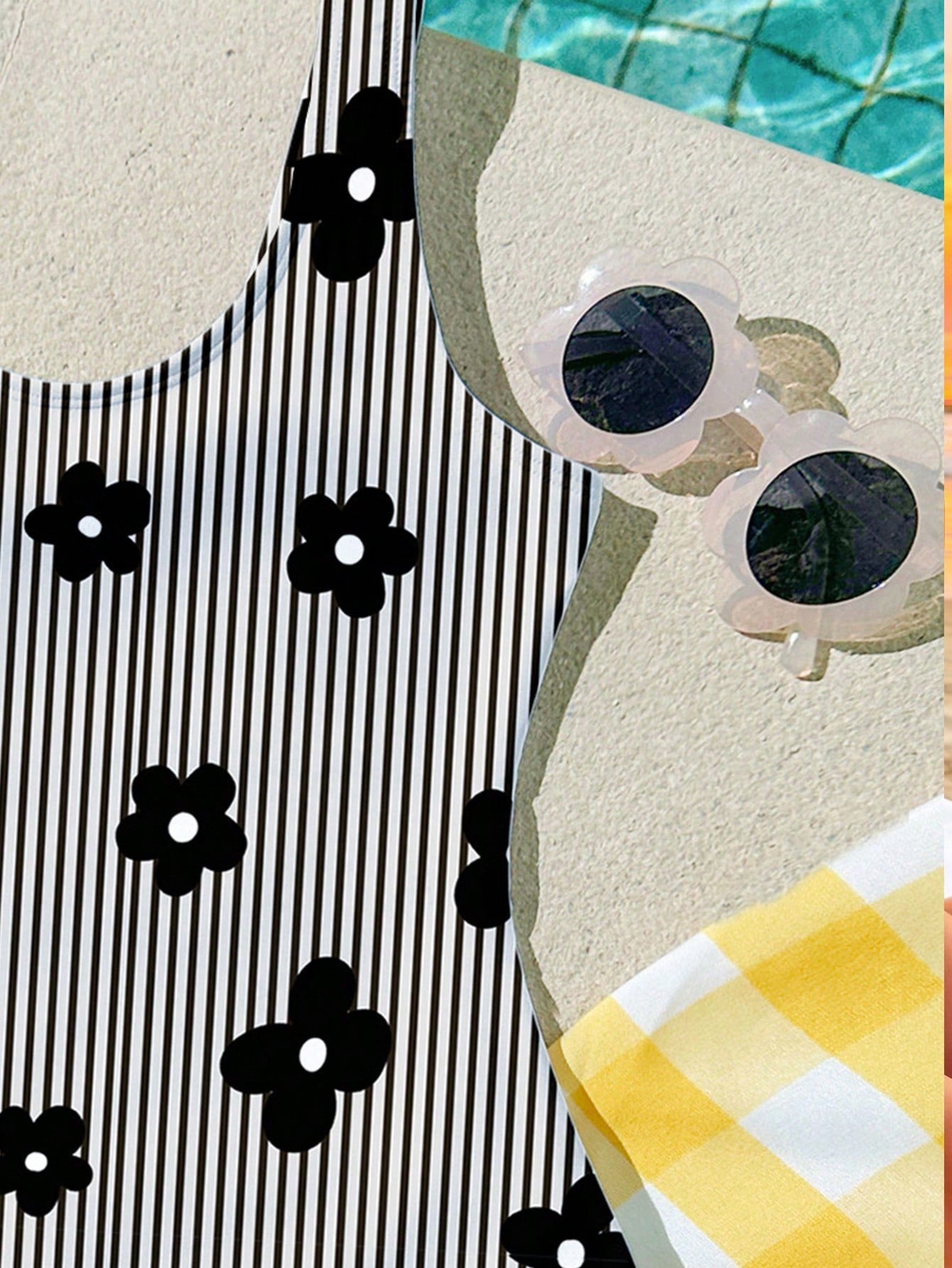 Multicolor tween girls one-piece swimsuit with all-over print, scoop neck, fitted camisole style, and lined body for summer beach vacations.