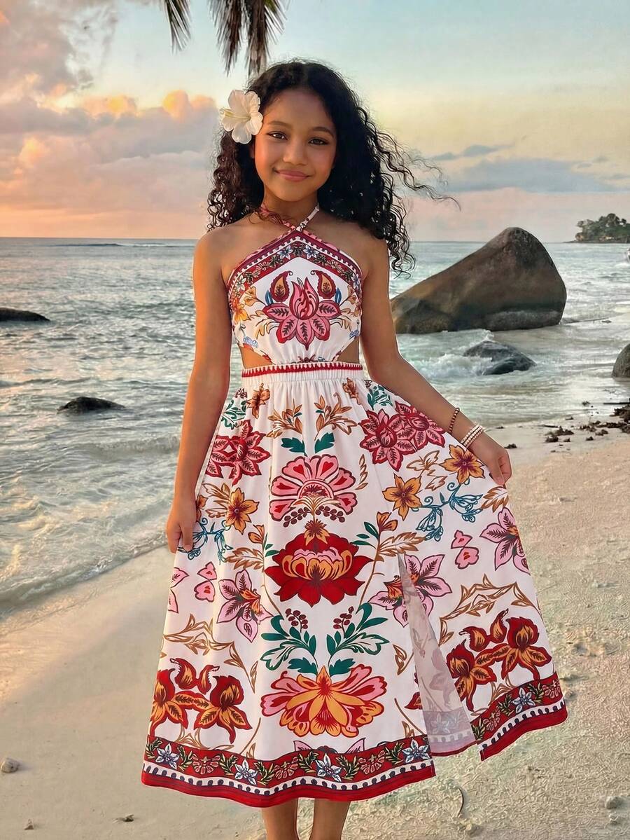 Tween girls floral halter dress with backless sleeveless design, belted high waist, shirred details, appliques, and flared A-line midi silhouette for summer vacation or graduation outfit.