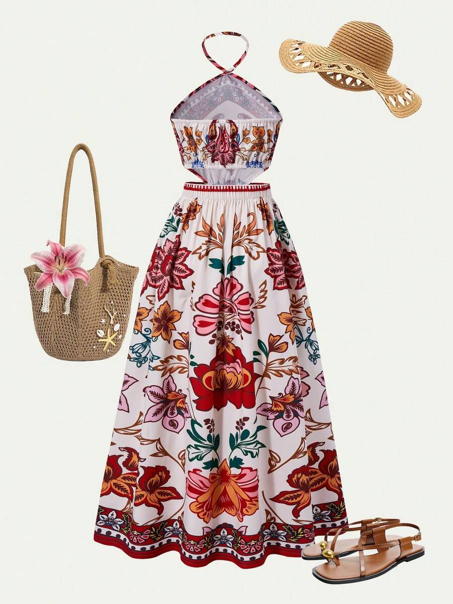Tween girls floral halter dress with backless sleeveless design, belted high waist, shirred details, appliques, and flared A-line midi silhouette for summer vacation or graduation outfit.